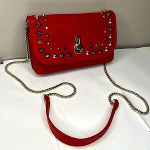 Stuart Weizman Red Sueded Leather Metal Grommet Crossbody Wallet on a Chain Bag